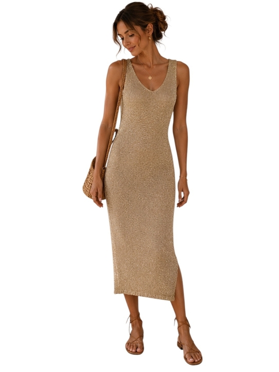 YUNIKA Dresses & Skirts - YUNIKA Made in Italy Gold Metallic Knit Midi Dress Sparkle Sleeveless. S/M